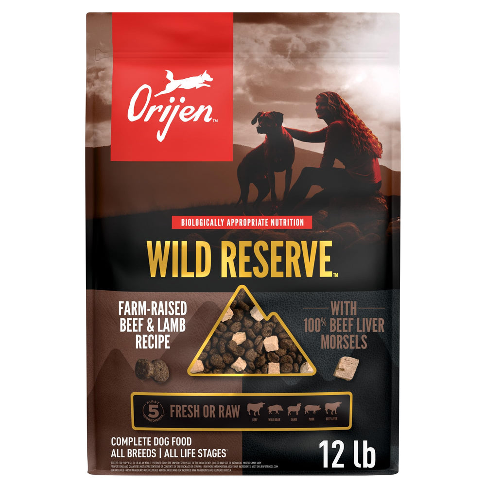ORIJEN Wild Reserve frente al saco de 12 lb, excitación en cada comida para perros
