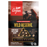 ORIJEN Wild Reserve frente al saco de 12 lb, excitación en cada comida para perros