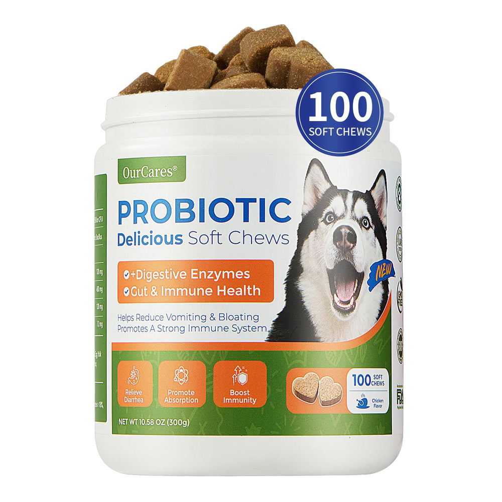 OurCares masticables probióticos para perros, enfoque digestivo diario con sabor a pollo.
