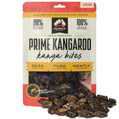 Outback Bones Kanga Bites, trozos jerky, snack proteico para perros activos.