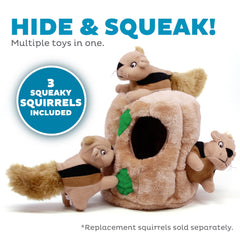 Outward Hound Hide-A-Squirrel peluche suave y cómodo para abrazar durante el juego.