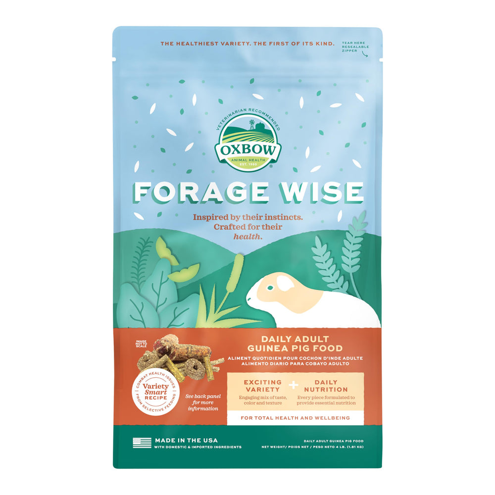 Oxbow Forage Wise pellets para cobayas adultas, promueven una dieta equilibrada.