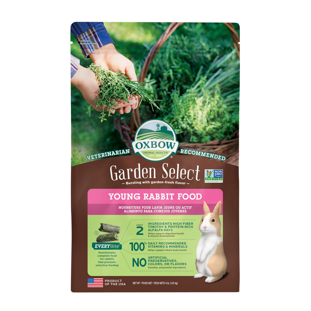 Oxbow Garden Select para conejos jóvenes, pienso de alfalfa con alta fibra para crecimiento saludable.
