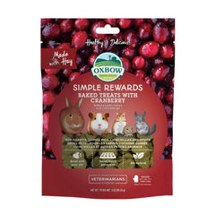 Oxbow Simple Rewards frente al empaque, snack sabroso para conejos y cobayas.