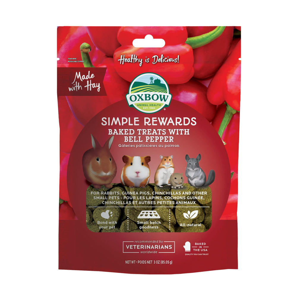 Oxbow Simple Rewards conejo con heno Timothy y pimiento horneado, crujiente para masticar.