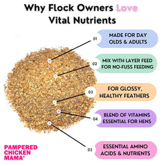 Mezcla-alimento-aves: vitaminas de Pampered Chicken Mama para aves.