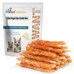 Pawant torcidos de pollo envueltos, delicioso premio para perros durante el juego.
