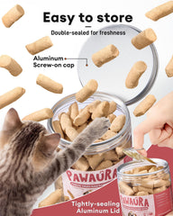 Pawaura recompensa para perros y gatos con sabor natural y alto contenido proteico.