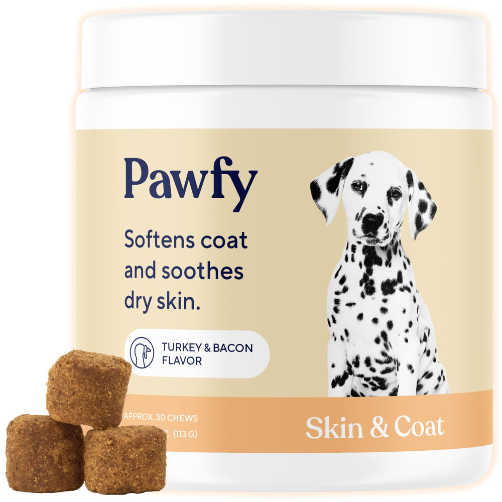 Pawfy botella de aceite de salmón para piel y pelaje saludables.