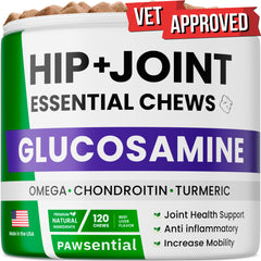 Pawsential glucosamina para perros, botella visible, soporte para movilidad diaria.