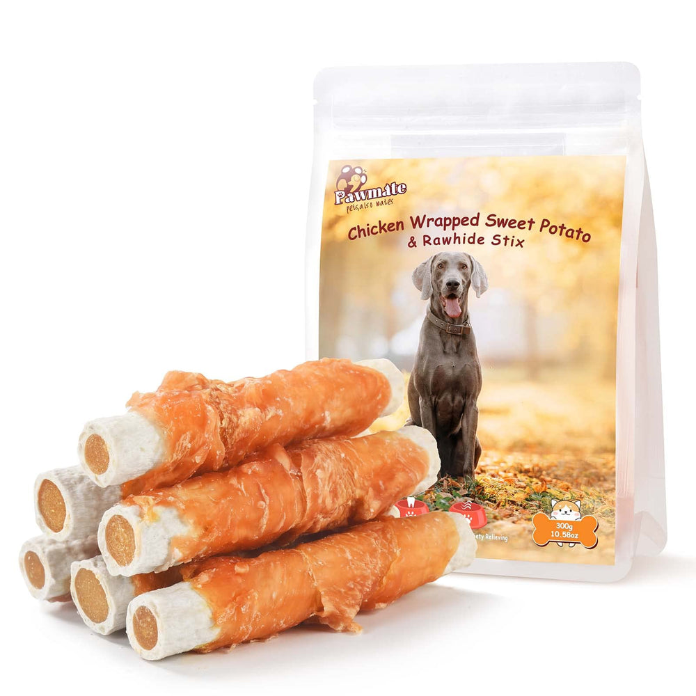 Pawmate baton rawhide poulet patate-douce, idéale recompense d entrainement et mastication.