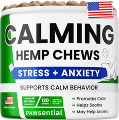 Pawsential gomitas de cañamo calmantes para perros, botella visible, ayudan a la relajación
