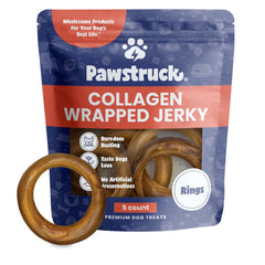 Pawstruck 2-en-1 Jerky envuelto en colágeno – anillos: snack sabroso para entretenimiento y salud dental.
