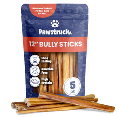 Pawstruck Bully Sticks 12 pulgadas en empaque, ideal para masticación prolongada