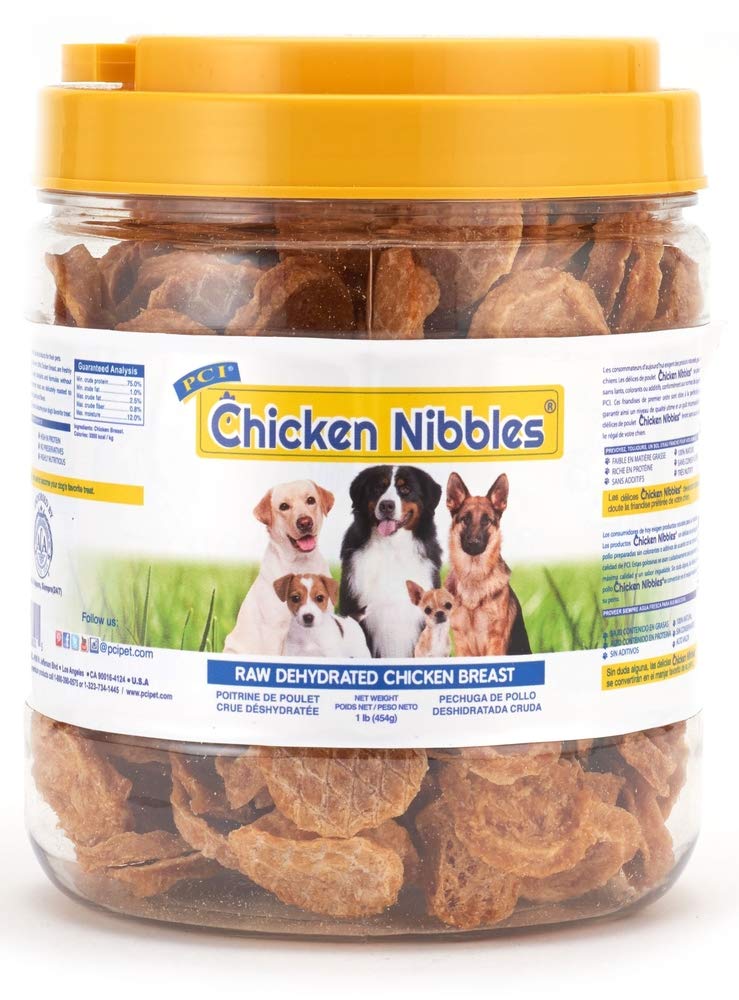 PCI Mordiscos de pollo en envase reutilizable para perros, snack sabroso sin aditivos.