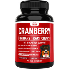 Peak Pets Cranberry para perros: frasco de 120 tabletas con sabor pollo para soporte urinario.