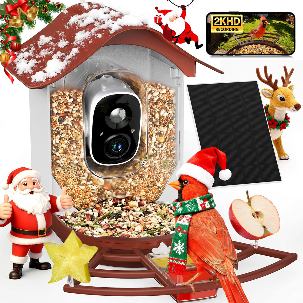 PeckCam alimentador de aves con cámara 2K en vista frontal para observar aves en vivo.
