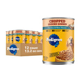 Pedigree Chopped Ground Dinner frente-de-lata, alimento práctico para adultos.