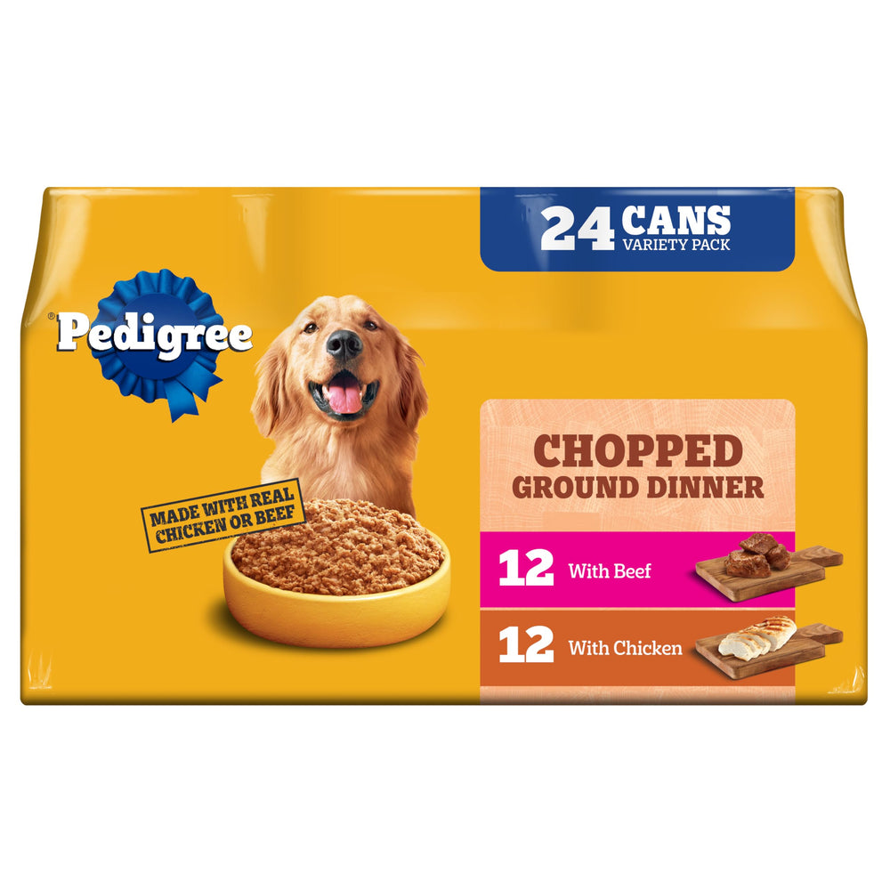 Pedigree Chopped Ground Dinner: lata con pollo y res, ideal para perros adultos.