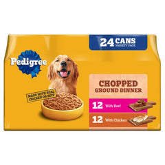 Pedigree Chopped Ground Dinner: lata con pollo y res, ideal para perros adultos.