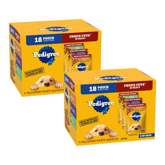 Pedigree Cortes Selectos en Salsa, lata abierta, textura jugosa para comer.
