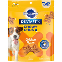 Empaque de Pedigree Dentastix Chewy Chunx para perros pequeños y medianos, cuidado dental.
