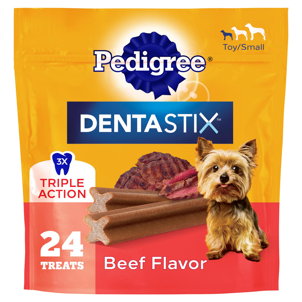 Pedigree Dentastix empaque para perros pequeños, ideal para el cuidado dental diario.