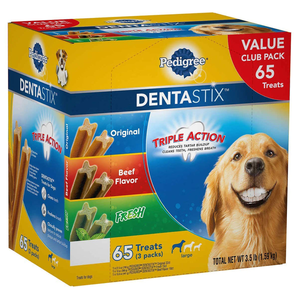 Pedigree Dentastix: paquete de 65 piezas, ayuda a mantener la higiene bucal y aliento fresco.