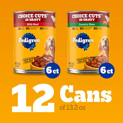 Pedigree: cortes en salsa, lata cerrada, fácil de almacenar y servir.