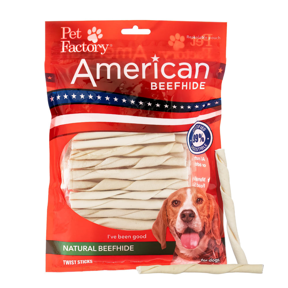 Pet Factory hueso rawhide americano 5in twist: promueve higiene dental durante la masticación