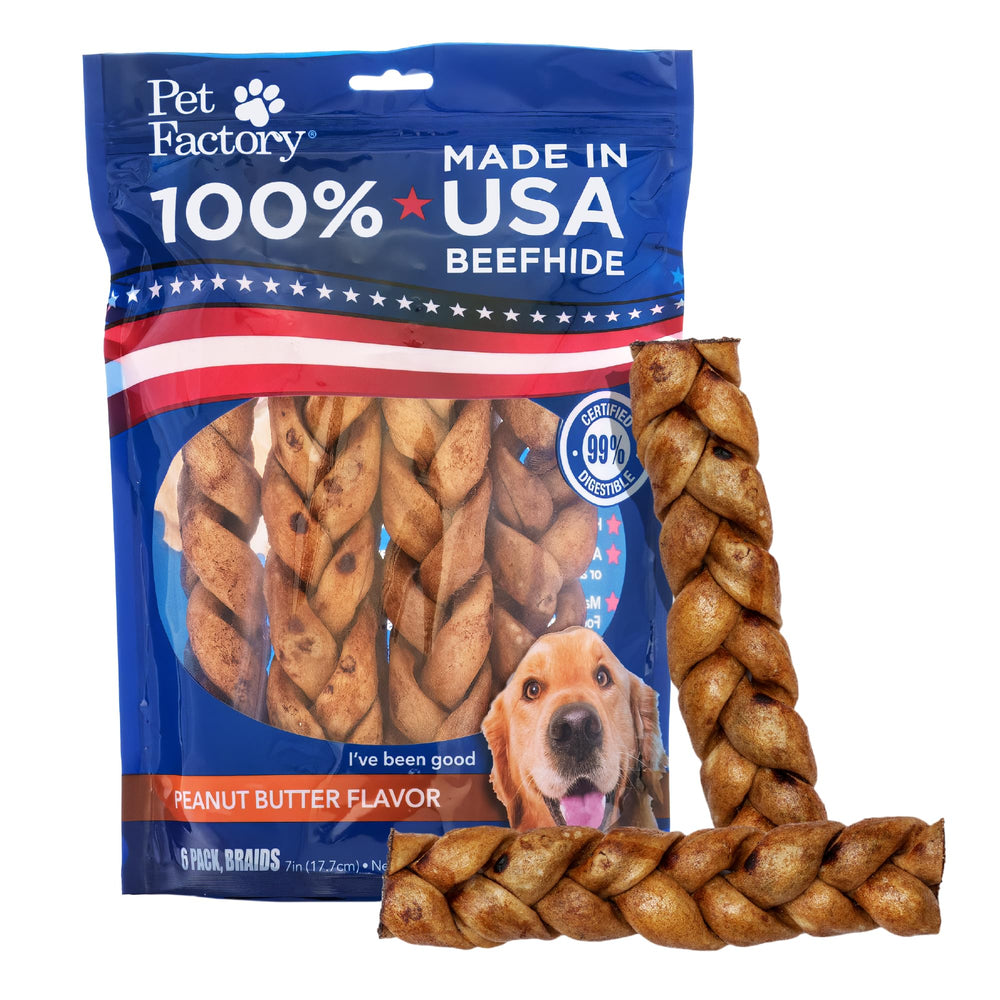 Pet Factory piel de res trenzada, 7 pulgadas, sabor mantequilla de maní; ideal para masticar.