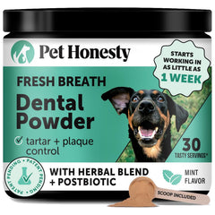 Envase práctico de Pet Honesty Dental Powder para uso diario.