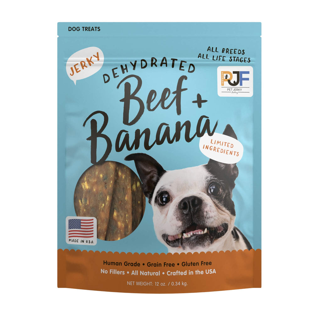 Pet Jerky Factory beef and banana jerky bag open, irresistible for eager pups.