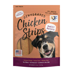 PET JERKY FACTORY muestra una bolsa abierta con snack de pollo y batata para perros.