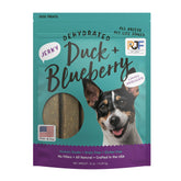 Pet Jerky Factory premium duck and blueberry jerky bag highlights high-protein training reward