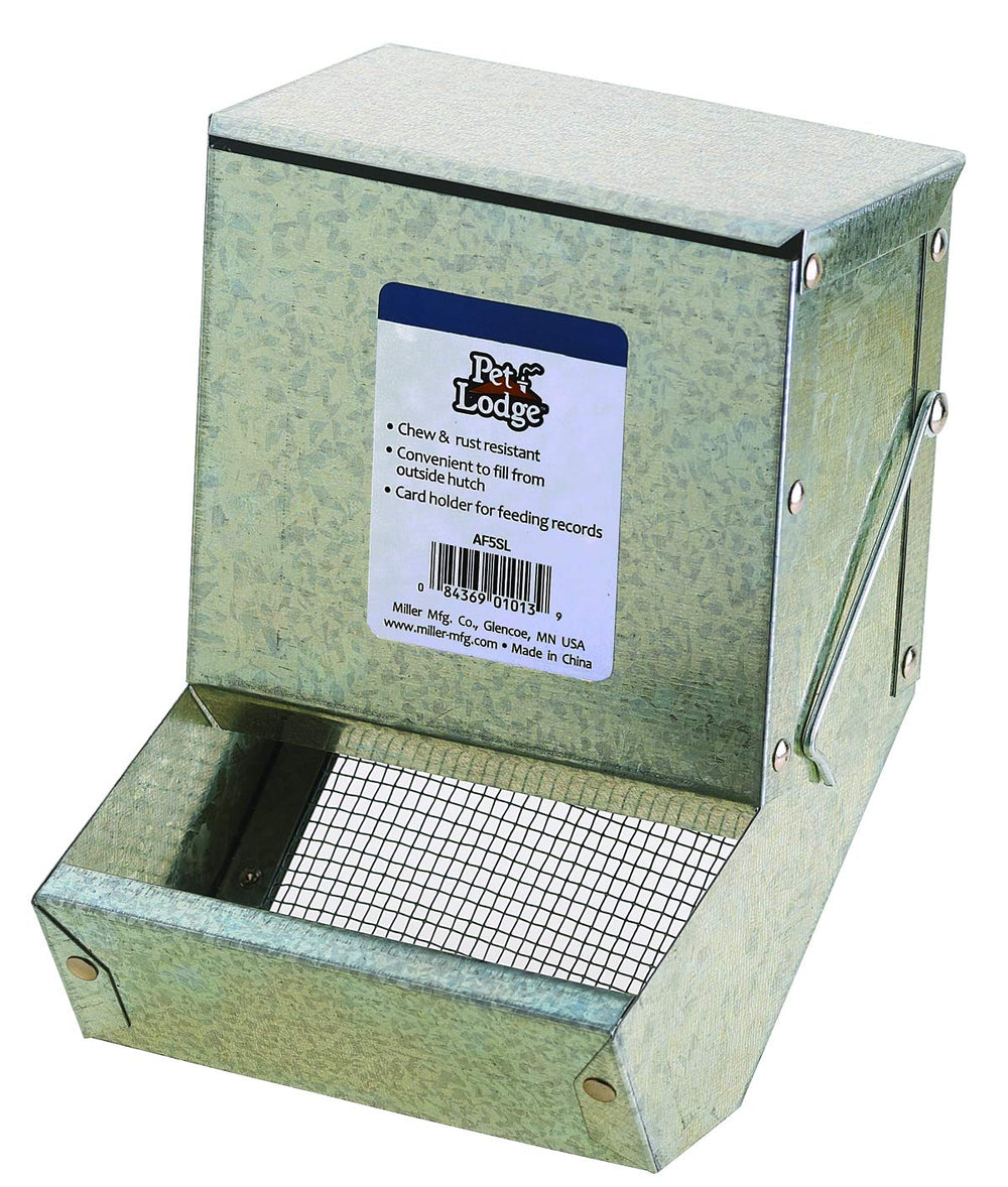 Alimentador de acero Pet Lodge para conejos y pequeños animales, con tapa y fondo tamiz para porciones.