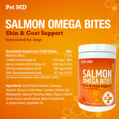 Pet MD Salmon Omega Bites para uso diario, refuerzo nutricional de piel y pelaje.