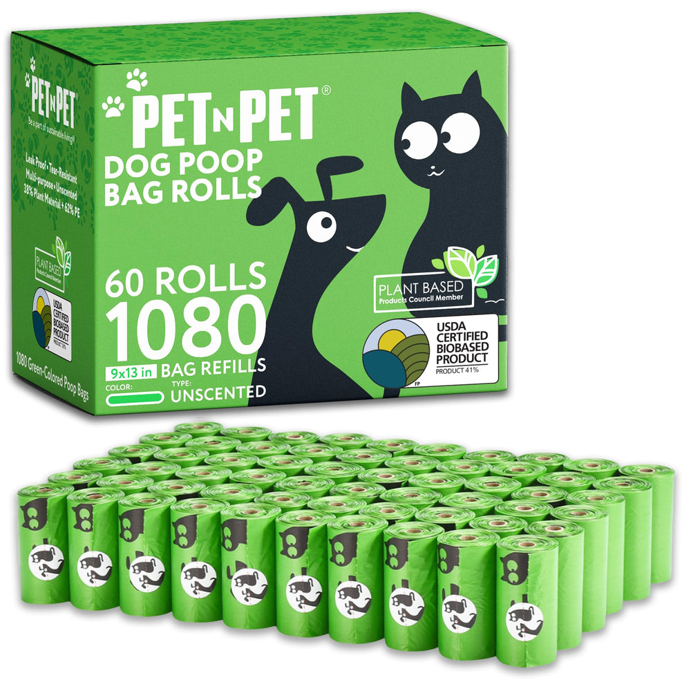 Bolsas PET N PET para excrementos, 1080 unidades en 60 rollos, listas para paseos.
