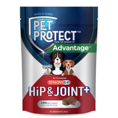Pet Protect Hip & Joint+ botella visible; apoyo a la movilidad diaria de tu perro.
