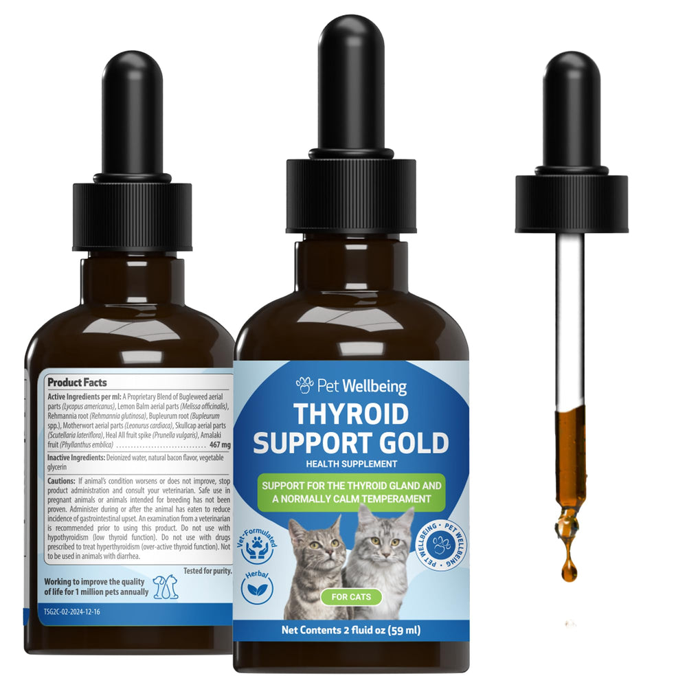 Pet Wellbeing Thyroid Support Gold frasco vertido, facilita la administración suave.