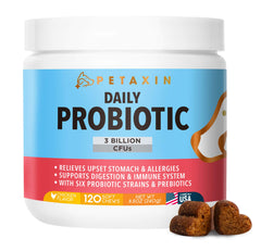 Petaxin Probiotics para perros, envase del producto, apoya la digestión y la inmunidad.