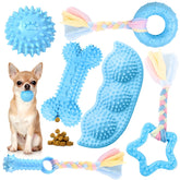 Petcare juguetes masticables para cachorros azules, ideal para calmar la ansiedad y entretenerse.
