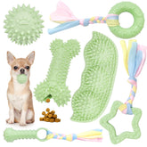 Petcare: conjunto de seis juguetes para cachorros pequeños en verde, mantiene ocupados y estimula el juego.