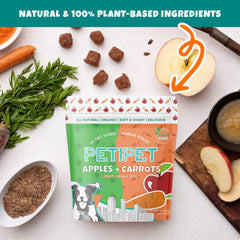 PETIPET ingrediente real de fruta en primer plano, snack vegetal para perros.