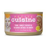 Petite Cuisine: lata de atún y salmón en caldo, ideal para gatos activos.