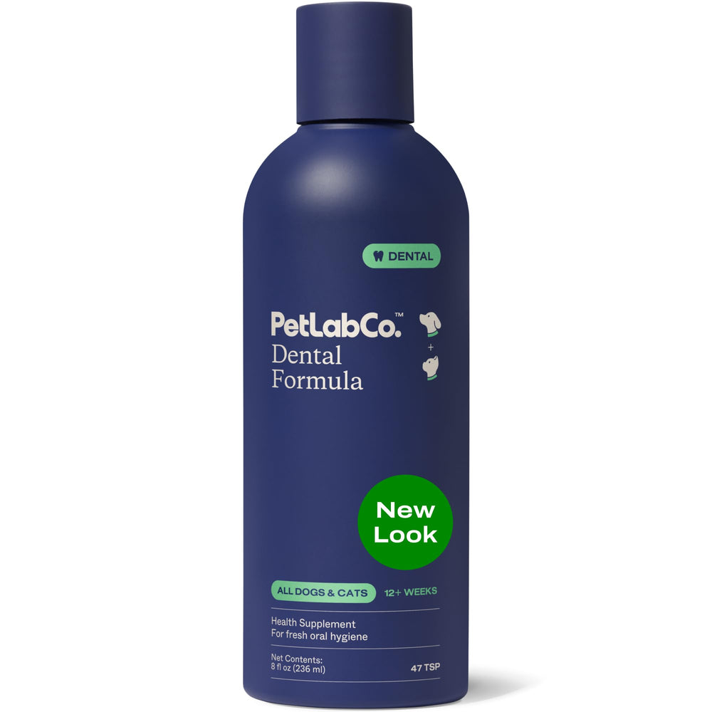 PetLab Co fĂłrmula dental en agua para perros, ayuda a mantener dientes limpios.