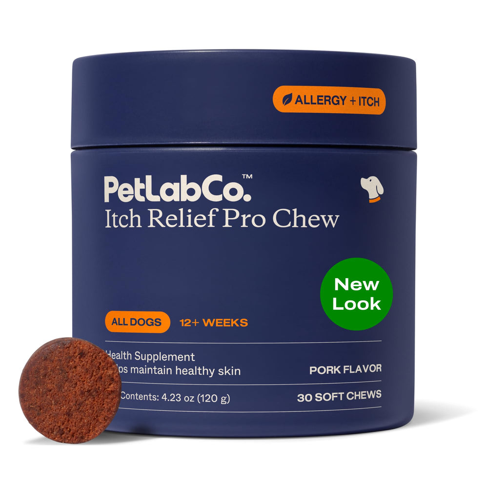 PetLab Co Itch Relief Chew Pro empaquetado para uso diario, fácil de abrir.