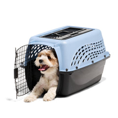 Transportín Petmate para gatos y perros pequeños, ofrece ventilación 360 grados y seguridad.