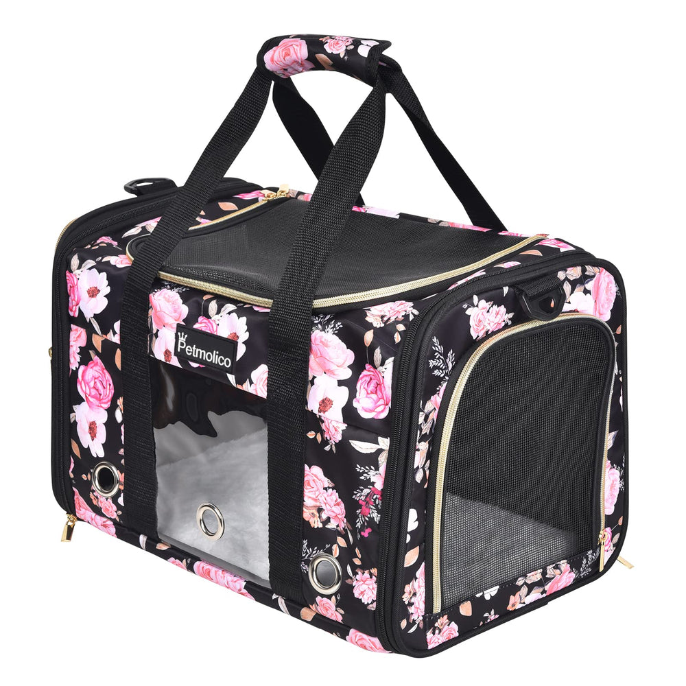 Transportín Petmolico para gato suave con diseño floral rosa, ideal para viajes