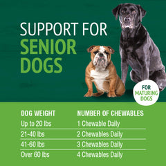 Etiqueta de PetNC Senior Masticables mostrando nutrientes clave para perros mayores.
